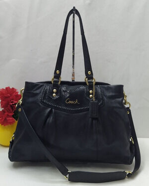 Coach Ashley Black Leather Snakeskin Detail Satchel Shoulder Bag